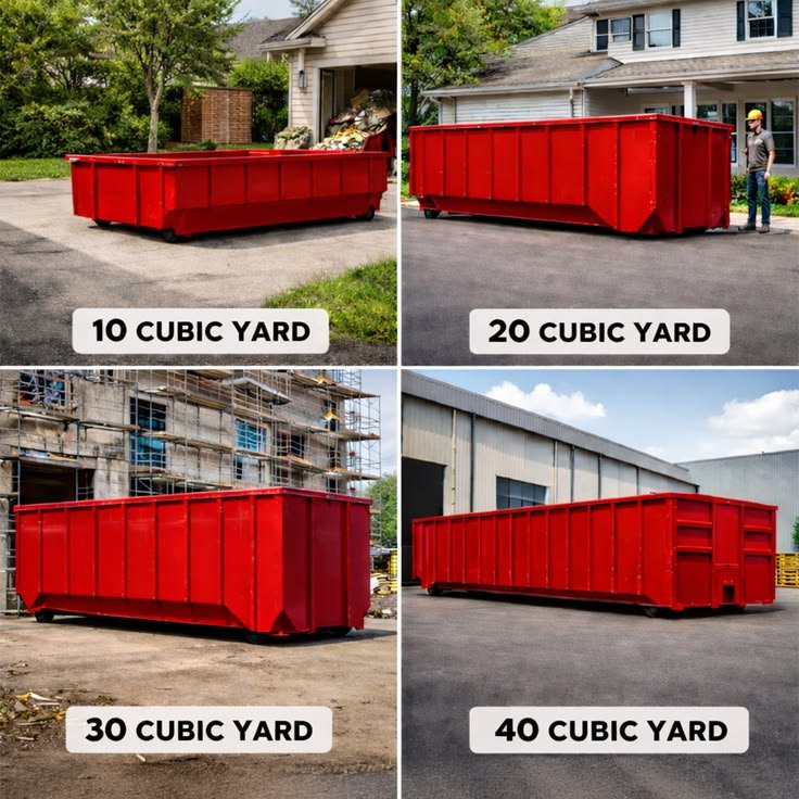 Four red dumpster bins labeled 10, 20, 30, and 40 cubic yard sizes. sizes of dumpsters to rent