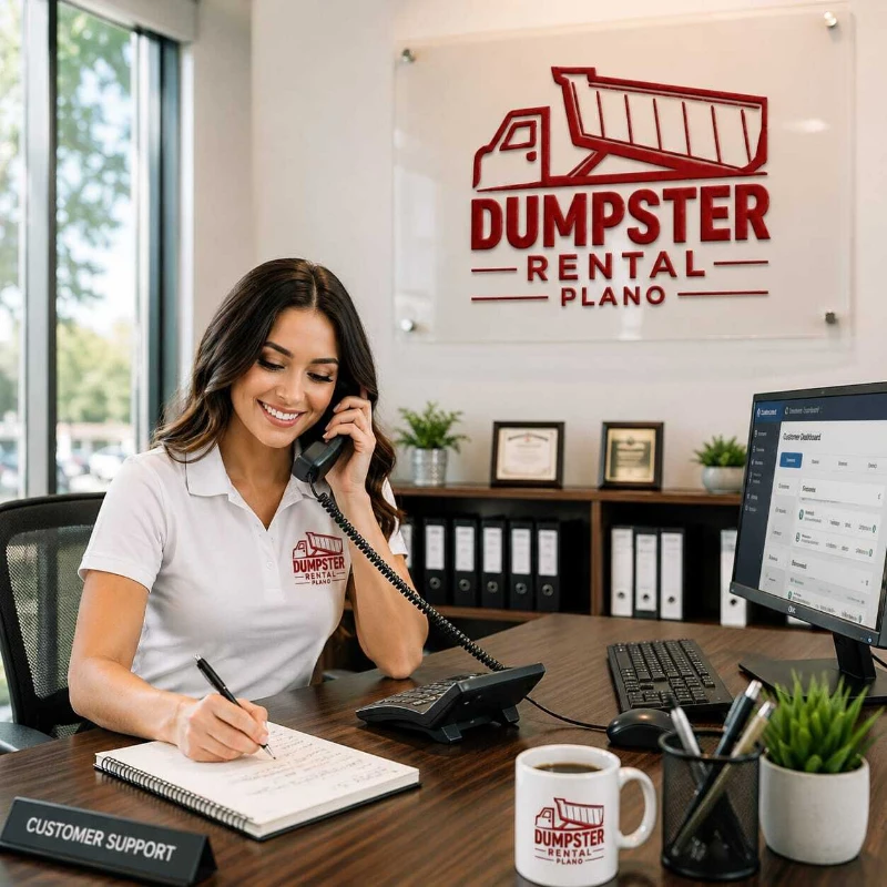 Woman at an office desk answers a phone call, writes notes, and sits beside a computer monitor. The office displays “Dumpster Rental Plano” signage.