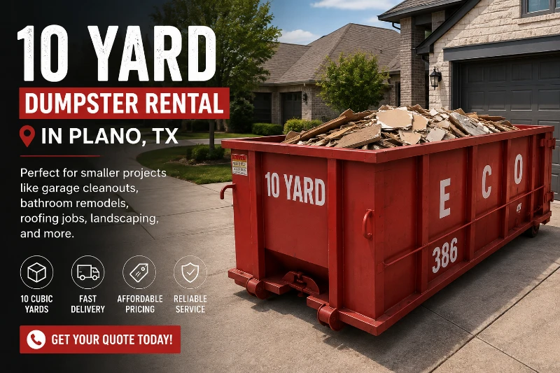 Red 10-yard dumpster filled with construction debris in a Plano, Texas driveway; ad promotes fast, affordable, reliable dumpster rental.