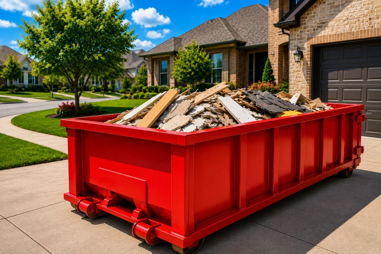 Bright red construction dumpster overflowing with wood and roofing debris sits in a suburban driveway beside a brick house on a sunny day.