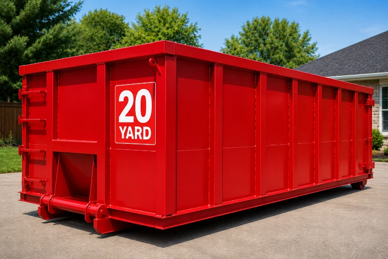 Bright red 20-yard roll-off dumpster sits on a paved driveway, marked “20 YARD,” with green trees and a house behind it in sunlight.