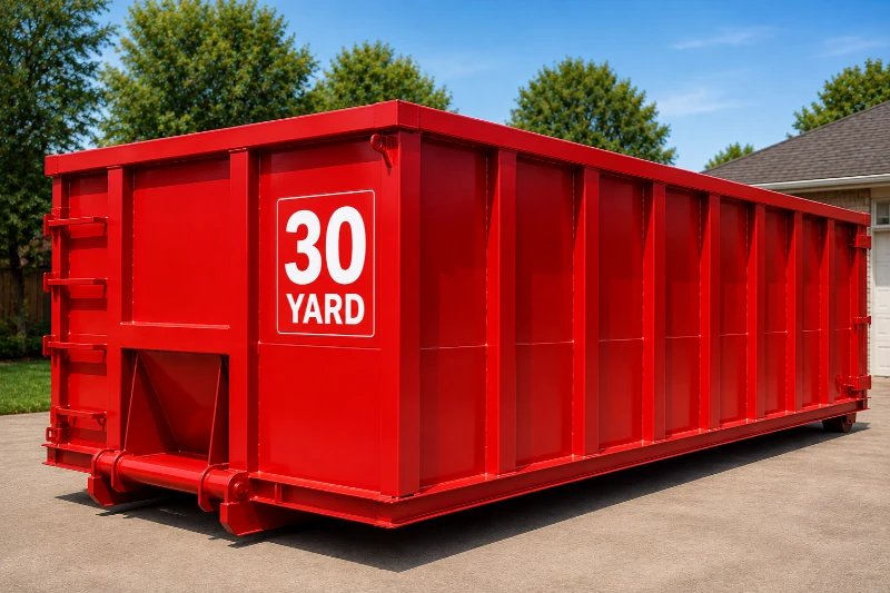 Bright red 30-yard roll-off dumpster parked on a paved driveway, with trees and a house behind it under a clear blue sky.