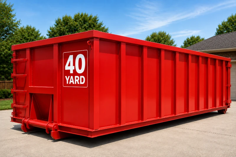 Bright red 40-yard roll-off dumpster sits on a concrete driveway under a sunny blue sky, conveying a clean, sturdy industrial look.