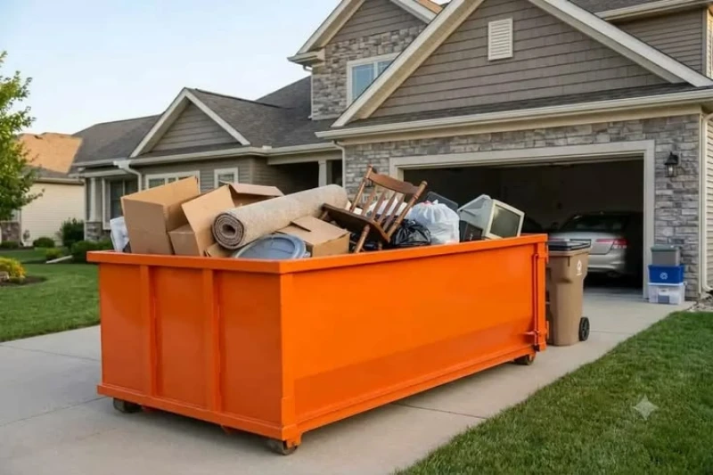 Bright orange roll-off dumpster filled with cardboard, furniture, and household debris sits in a suburban driveway during a home cleanup.