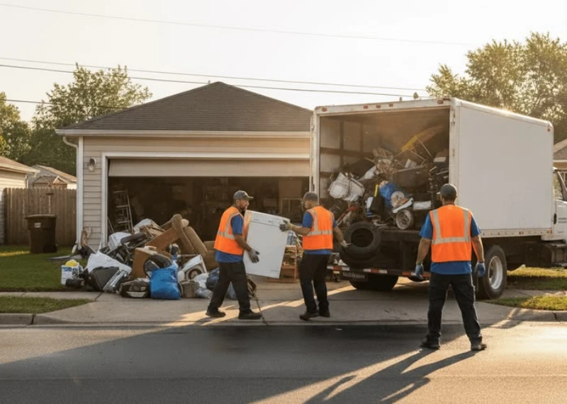 Three sanitation workers load discarded furniture and appliances into an open box truck beside a suburban garage; warm evening light.