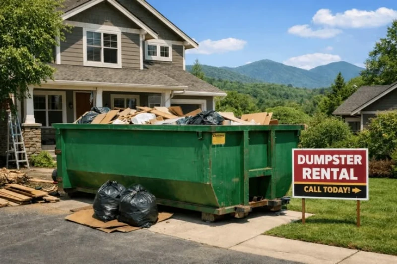 Green dumpster filled with construction debris outside a suburban home, beside black trash bags and a “Dumpster Rental” sign, with mountains behind.