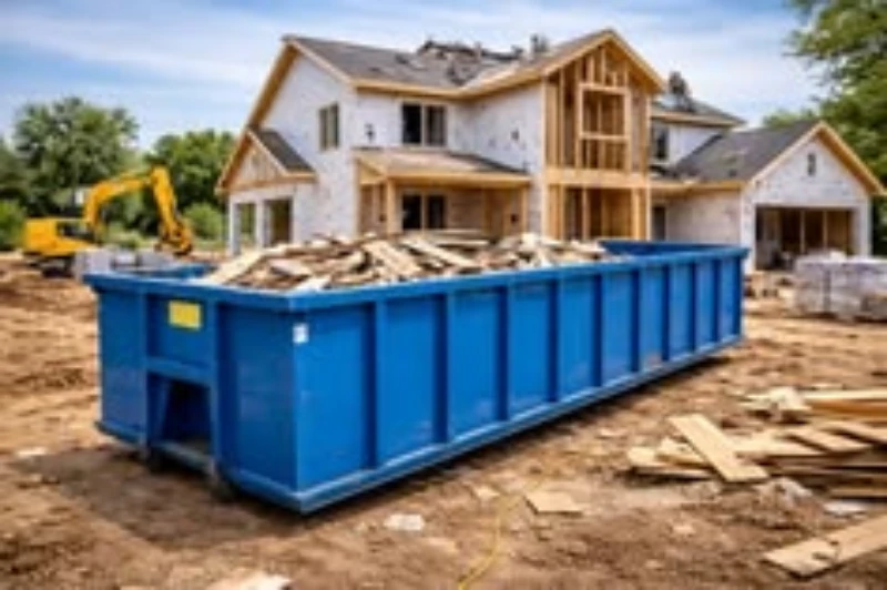 Blue construction dumpster filled with wood debris sits before a partially built house, with an excavator nearby under a bright sky.