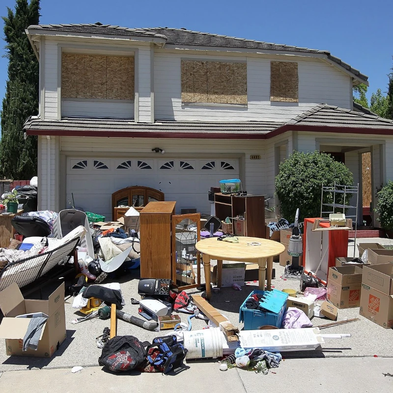 Sunny suburban garage sale outside a two-story house, with furniture, boxes, tools, clothing, and household goods scattered across the driveway.
