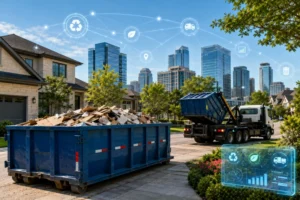 Blue dumpsters hold construction debris beside a hauling truck, with a city skyline and glowing recycling graphics conveying smart, sustainable waste management.