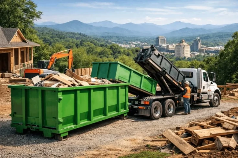 Construction site with green dumpsters, a dump truck unloading debris, excavator, and worker, backed by a city and mountain landscape.