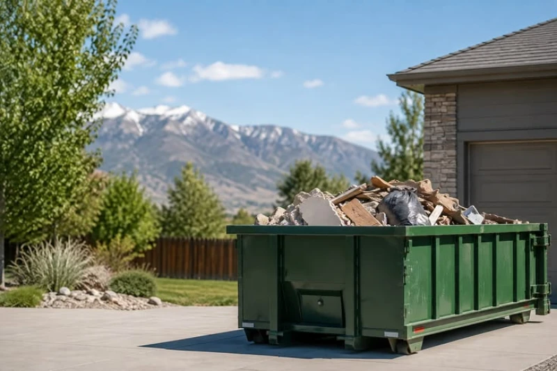 Green construction dumpster filled with rubble and wood sits in a sunny suburban driveway, with trees and snow-capped mountains behind it.