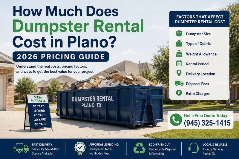 Infographic titled “Dumpster Rental Cost in Plano, 2026 Pricing Guide,” showing a dumpster, price factors, sizes, phone number, and eco-friendly services.