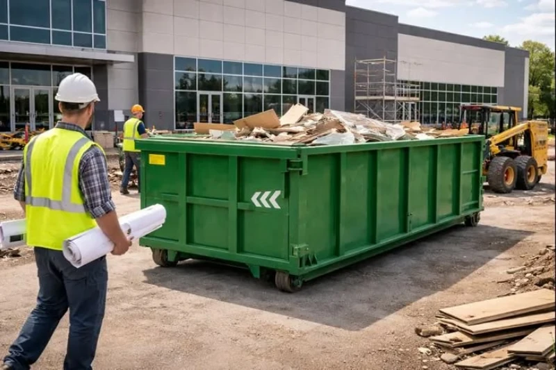 Construction worker in a safety vest carries blueprints beside a green dumpster filled with debris at an active building site.