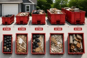 Red roll-off dumpsters labeled 10–40 yard sizes display black bags, wood, drywall, and furniture beside a house, illustrating waste capacity options.