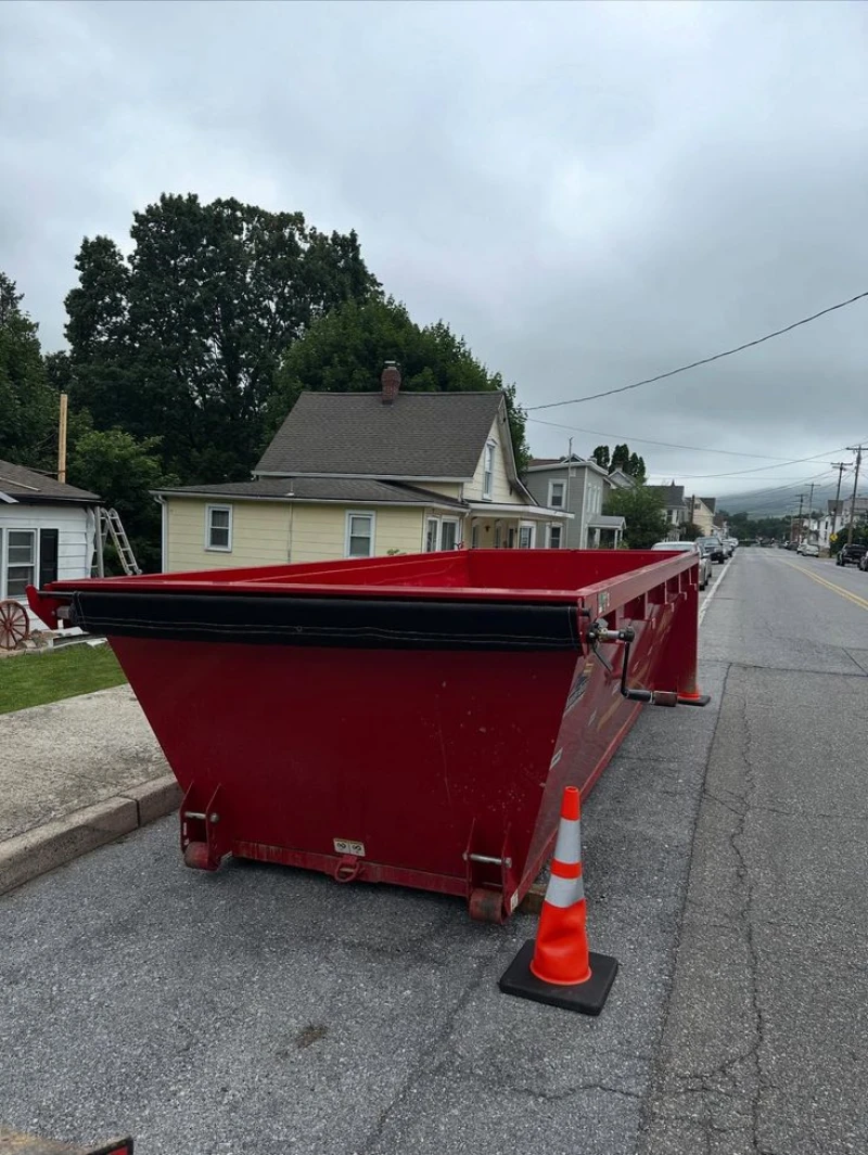 Large red construction dumpster sits on a residential street beside an orange traffic cone, under a gray overcast sky.