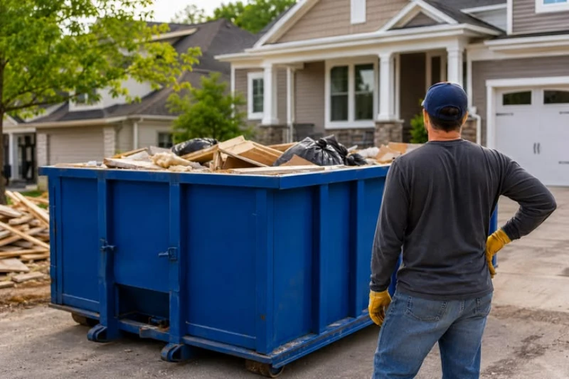 Worker in gloves stands beside a blue dumpster filled with construction debris outside a suburban house, conveying renovation and cleanup.
