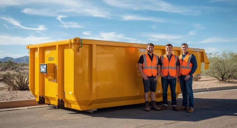 Three waste workers in orange safety vests stand beside a large yellow dumpster in a sunny desert landscape, conveying teamwork and pride. Dumpster Rental Wylie