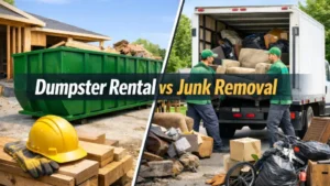 Split-screen comparison of dumpster rental and junk removal: a green dumpster and safety gear beside workers loading bulky waste into a truck.