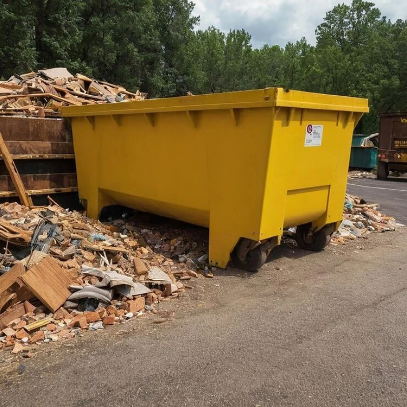 Bright yellow construction dumpster surrounded by broken wood, bricks, and rubble in a recycling yard, with leafy trees under a cloudy sky.