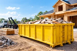 A bright yellow dumpster filled with lumber and construction debris sits beside a partially built house, with a roll-off truck nearby on a sunny day.