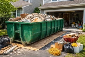 A green construction dumpster overflowing with wood, drywall, and rubble sits outside an open garage, with tools and debris nearby during a home renovation.
